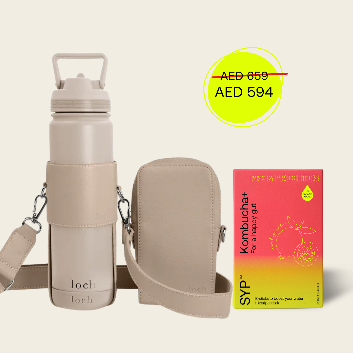 KOMBUCHA+ LOCH BOTTLE 650ML + STRAP + POUCH (POMEGRANATE)